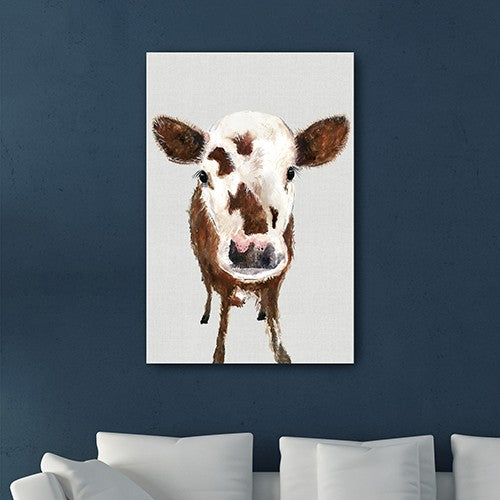 24" x 16" Brown and White Baby Cow Face Canvas Wall Art-3
