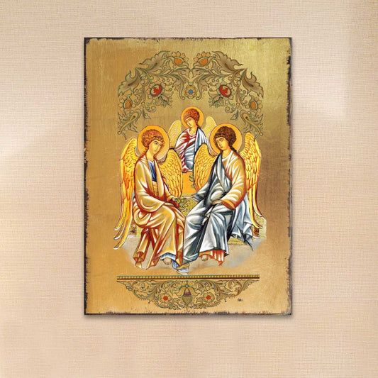 Old Testament Trinity Wooden Gold Plated Religious Orthodox Sacred Icon - Inspirational Icon Decor - 85015-0