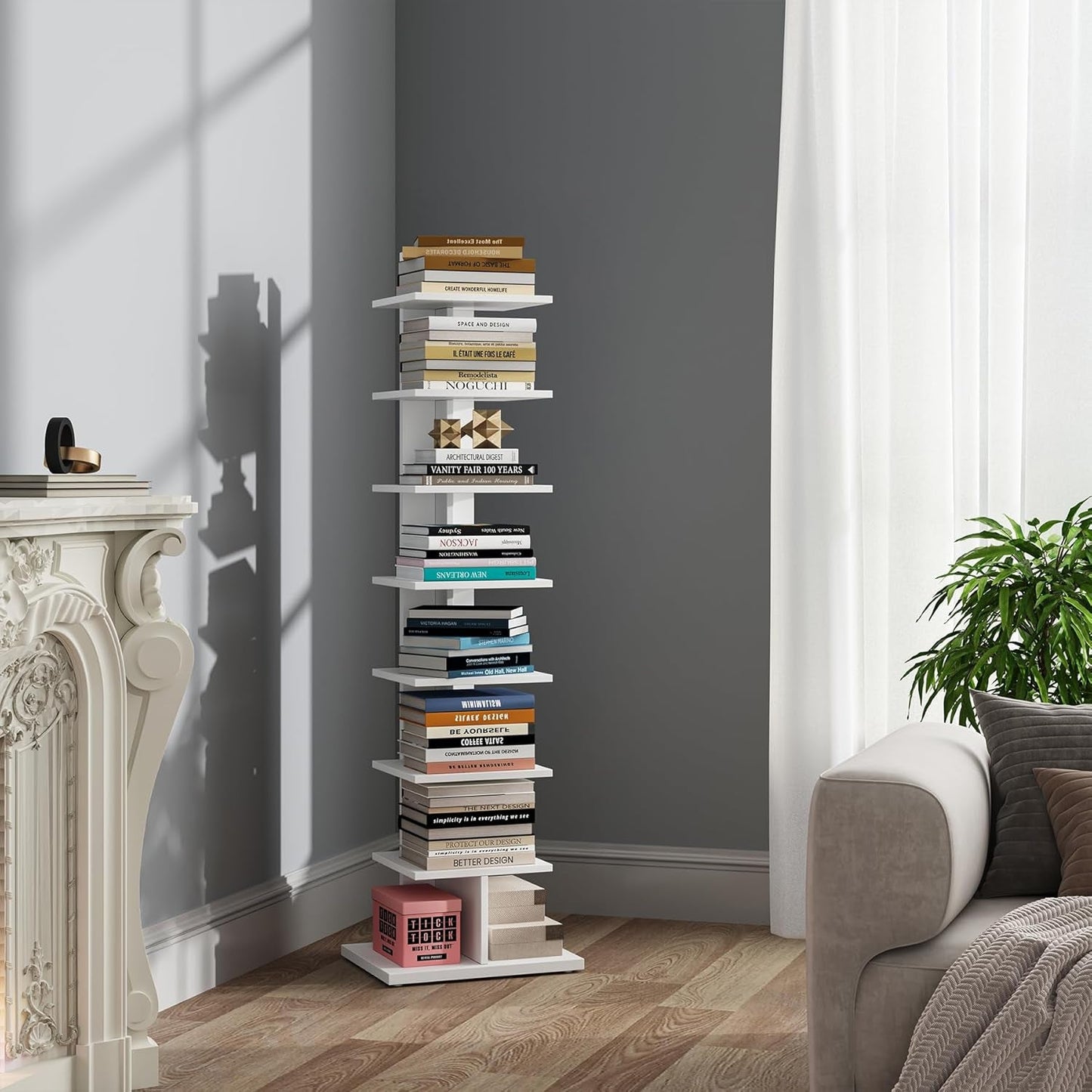 Vertical Bookshelf, 8-Tier Bookcase, Narrow Spine Book Shelf for Small Space, Corner Standing Shelf for Living Room, Office, Study, Entryway, White BS06BW008-0