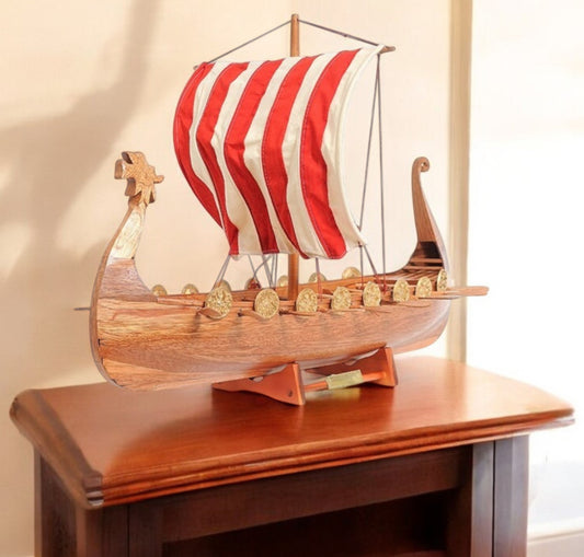 20" Wood Brown Solid Wood Hand Painted Model Boat Tabletop Sculpture-0