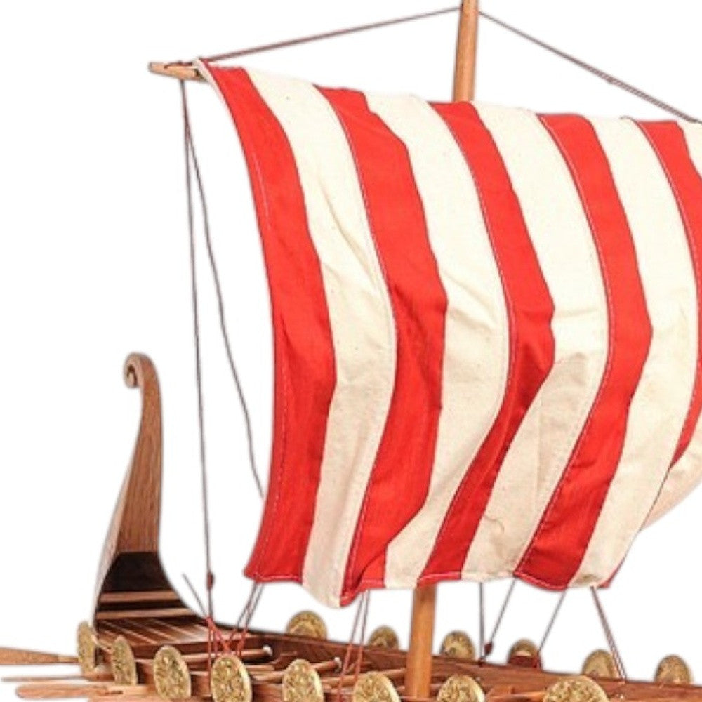 20" Wood Brown Solid Wood Hand Painted Model Boat Tabletop Sculpture-8