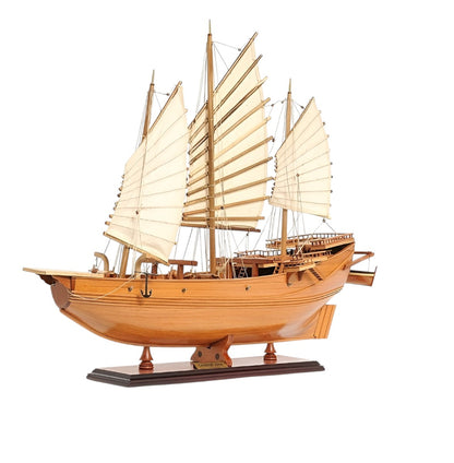 25" Wood Brown Solid Wood Hand Painted Model Boat Tabletop Sculpture-5