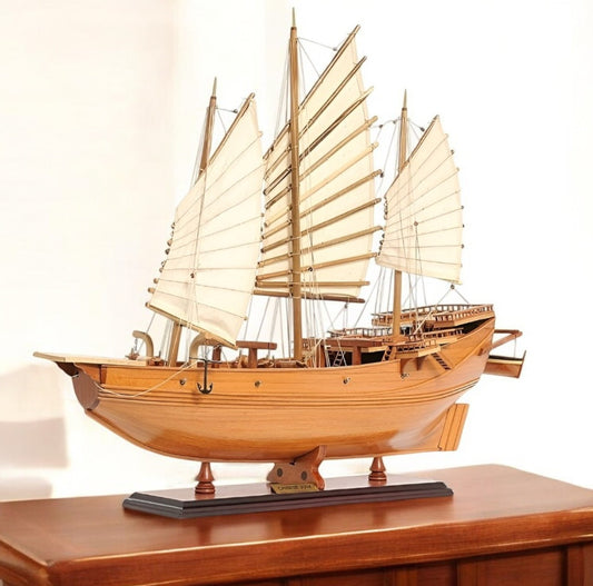 25" Wood Brown Solid Wood Hand Painted Model Boat Tabletop Sculpture-0