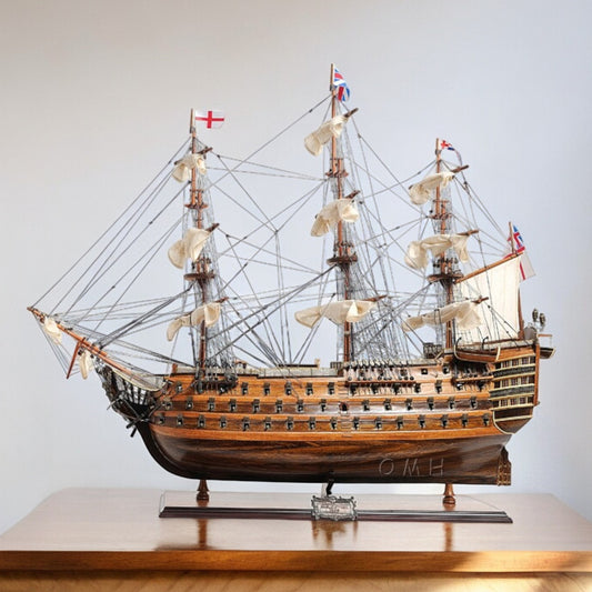 27" Wood Brown Solid Wood Hand Painted Model Boat Tabletop Sculpture-0