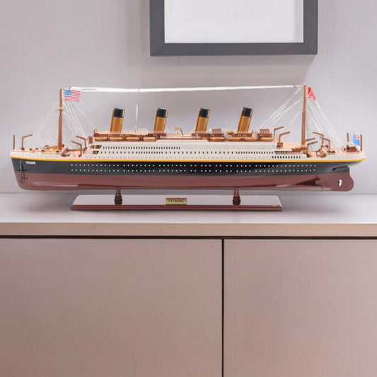 14" Black and Red Solid Wood Hand Painted 1912 RMS Titanic Large Model Boat-0