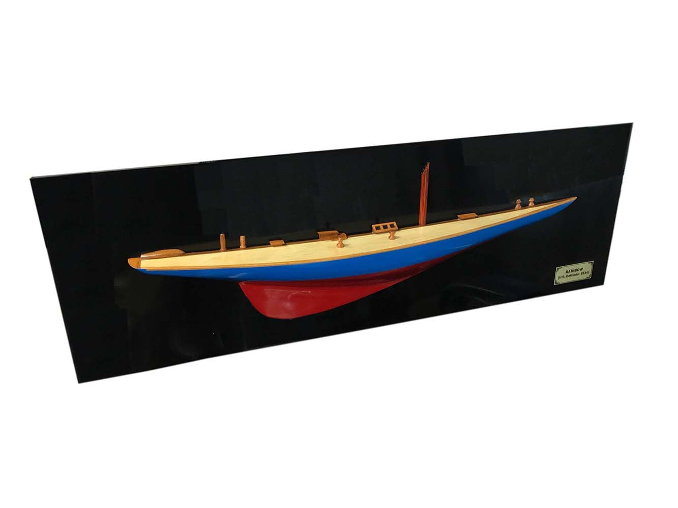 12" Blue and Red Solid Wood Hand Painted Rainbow Half-Hull Model Boat-1
