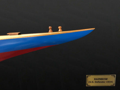 12" Blue and Red Solid Wood Hand Painted Rainbow Half-Hull Model Boat-4