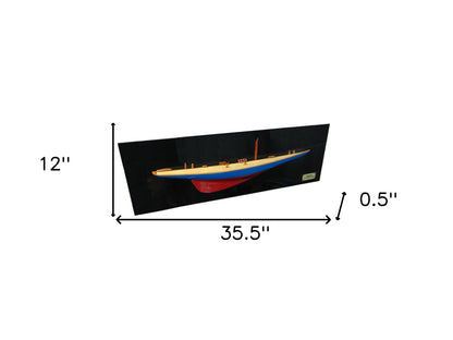 12" Blue and Red Solid Wood Hand Painted Rainbow Half-Hull Model Boat-5