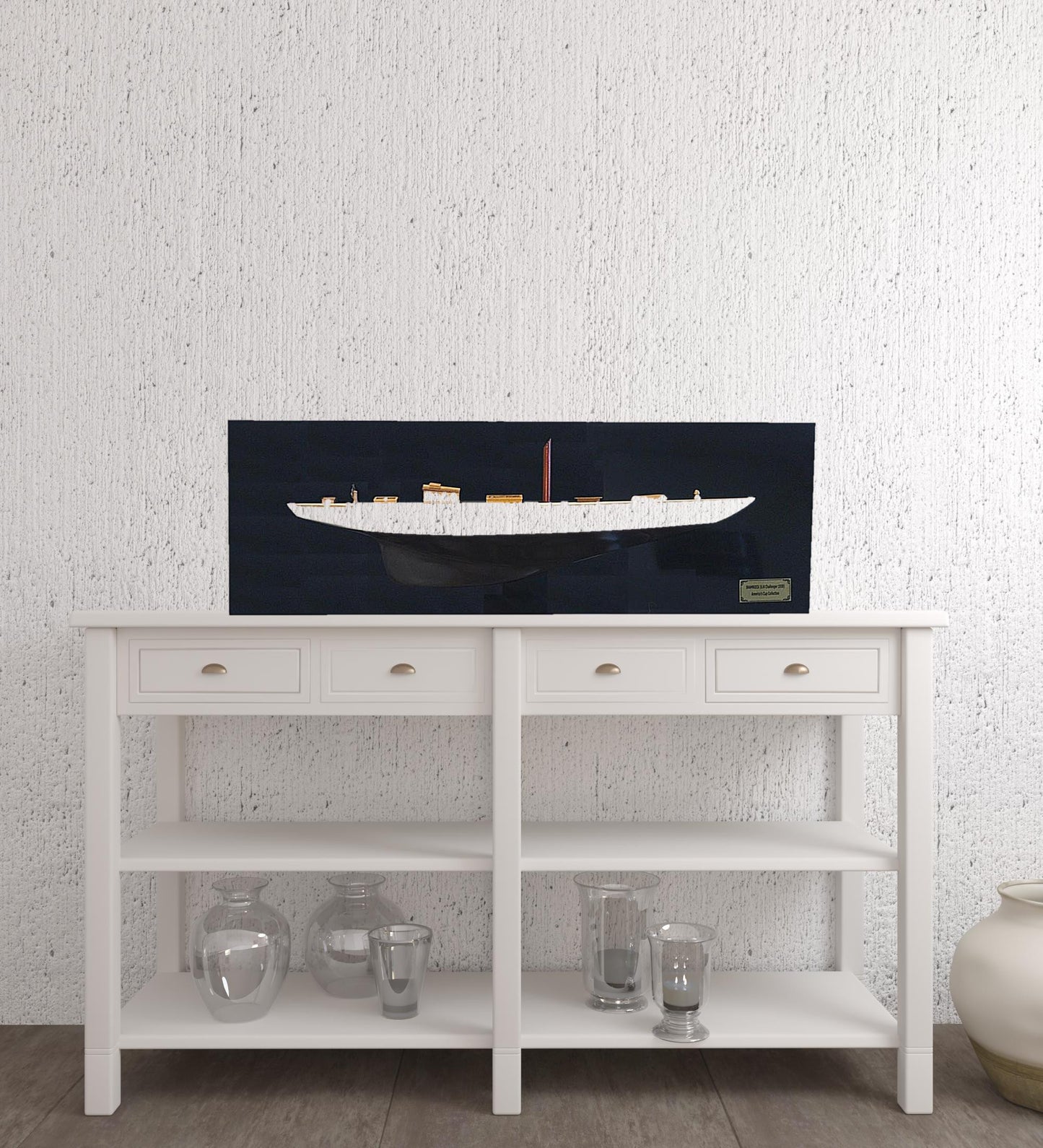 12" Black and White Solid Wood Hand Painted Shamrock V Yacht Half-Hull Model Boat-6