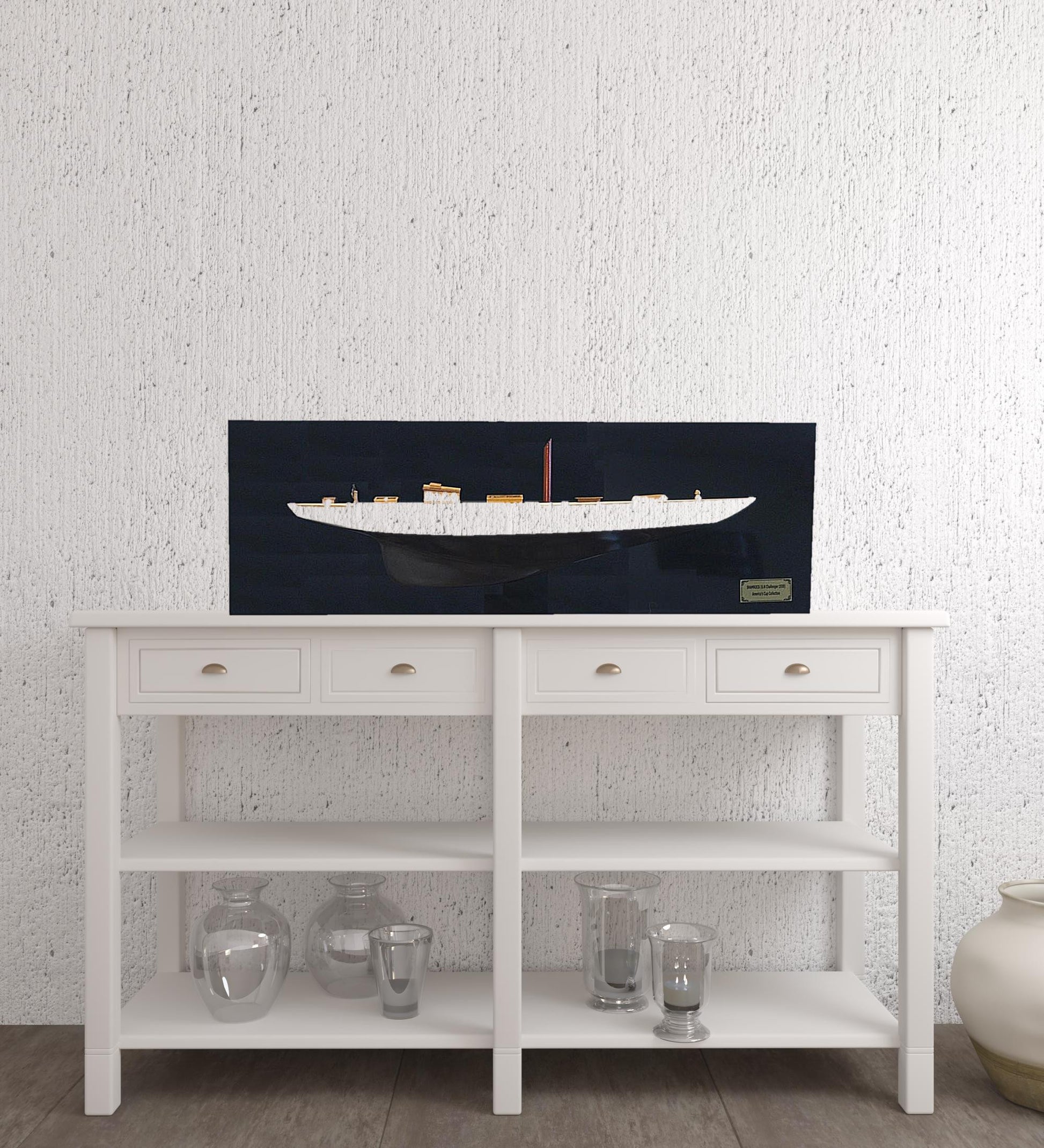 12" Black and White Solid Wood Hand Painted Shamrock V Yacht Half-Hull Model Boat-6