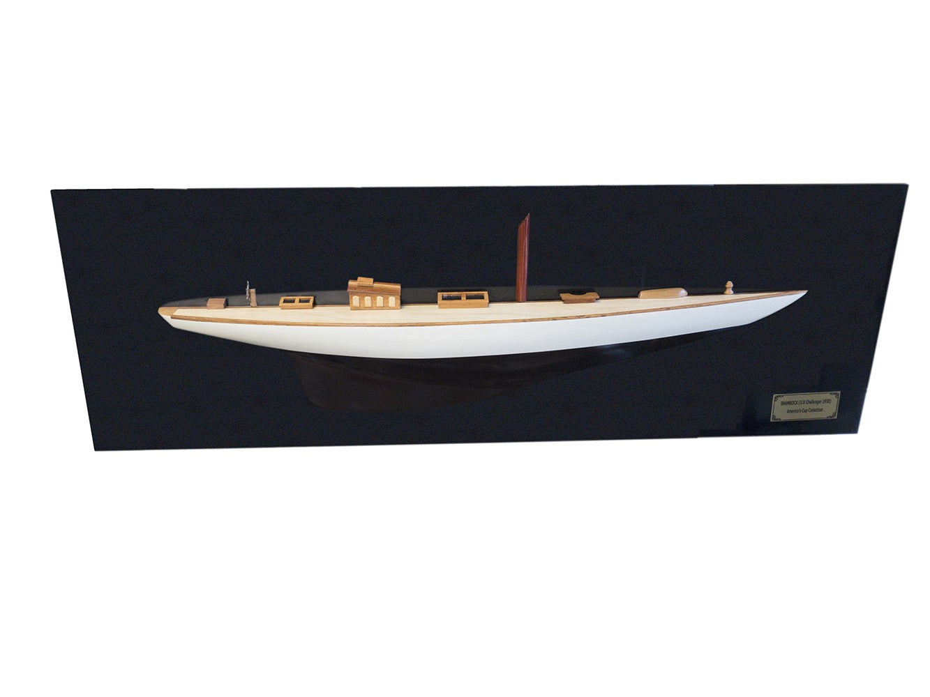 12" Black and White Solid Wood Hand Painted Shamrock V Yacht Half-Hull Model Boat-1