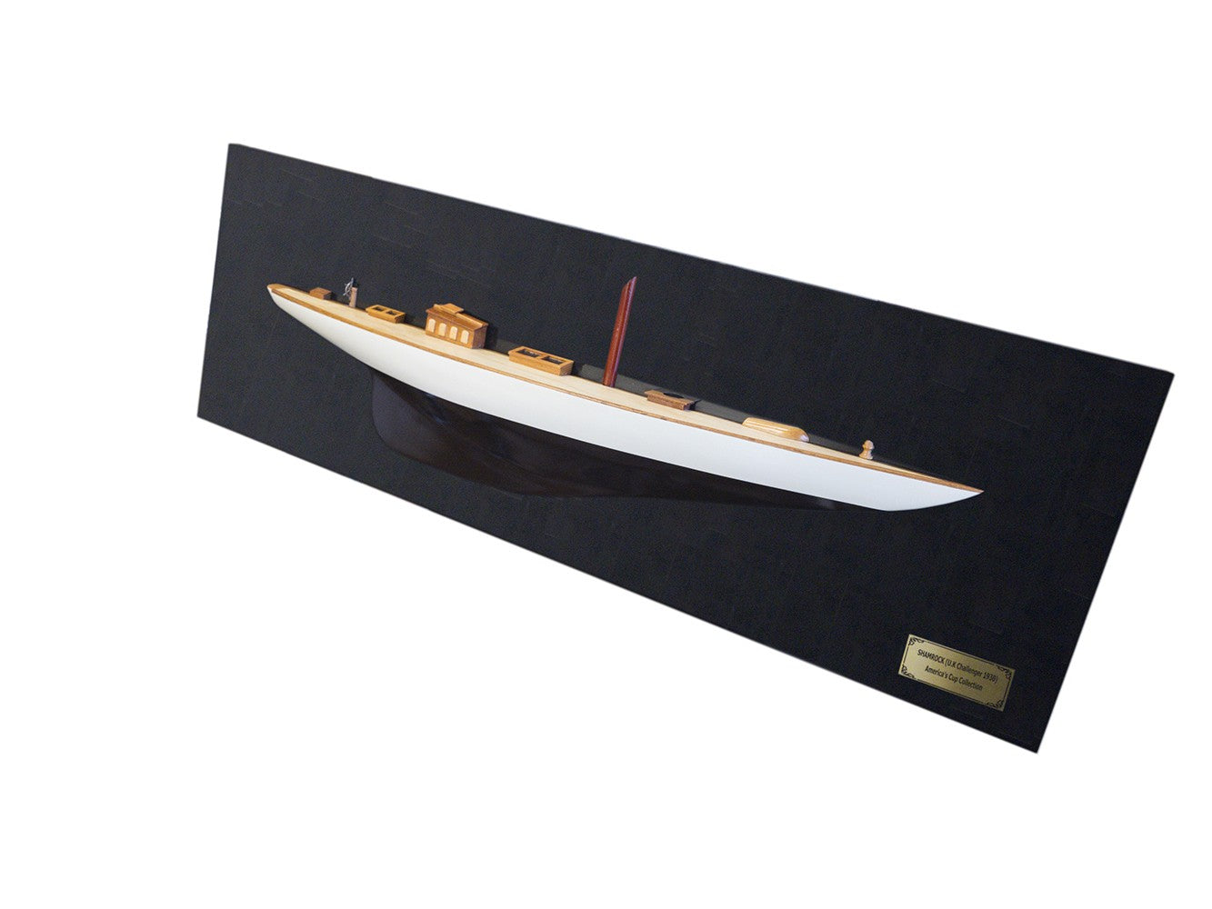12" Black and White Solid Wood Hand Painted Shamrock V Yacht Half-Hull Model Boat-5
