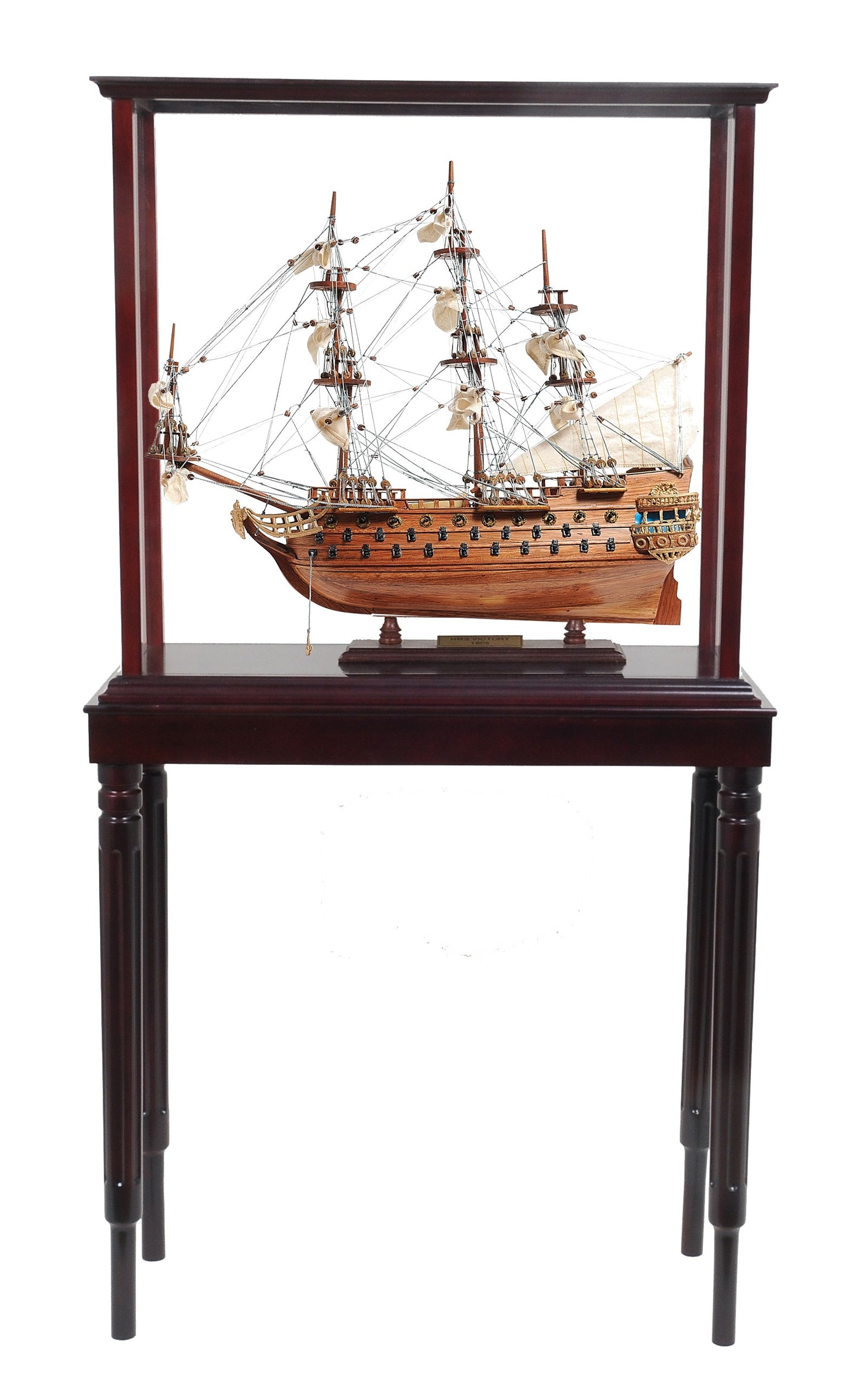 50" Wood Brown Solid Wood Hand Painted Model Boat Tabletop Sculpture-1