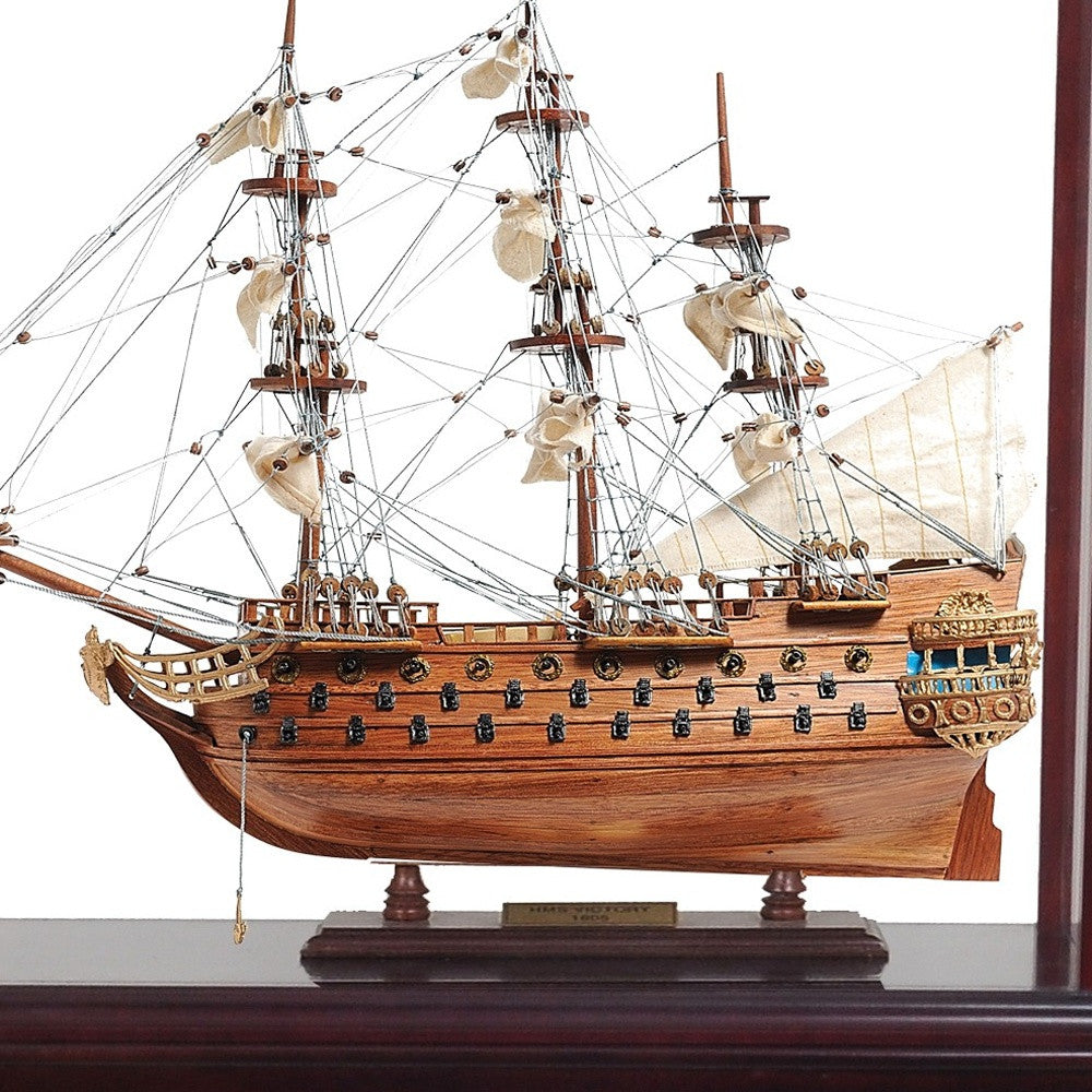 50" Wood Brown Solid Wood Hand Painted Model Boat Tabletop Sculpture-2