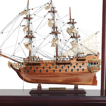 50" Wood Brown Solid Wood Hand Painted Model Boat Tabletop Sculpture-2
