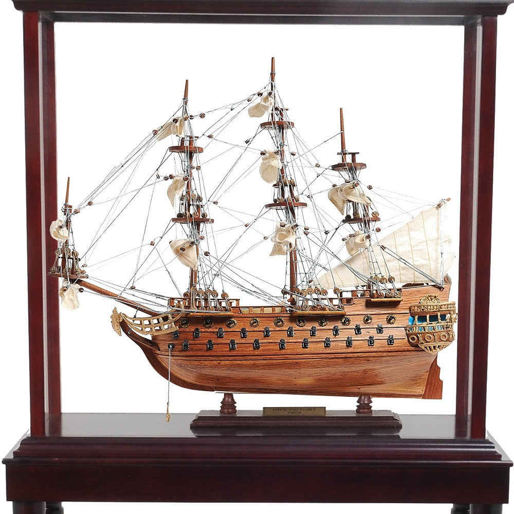 50" Wood Brown Solid Wood Hand Painted Model Boat Tabletop Sculpture-3