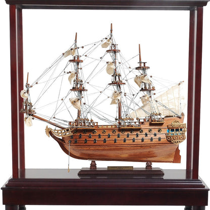 50" Wood Brown Solid Wood Hand Painted Model Boat Tabletop Sculpture-3