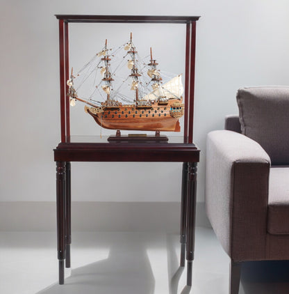 50" Wood Brown Solid Wood Hand Painted Model Boat Tabletop Sculpture-0