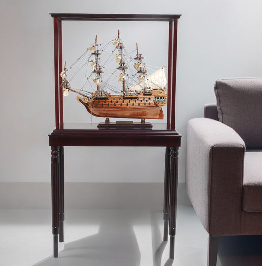 50" Wood Brown Solid Wood Hand Painted Model Boat Tabletop Sculpture-0