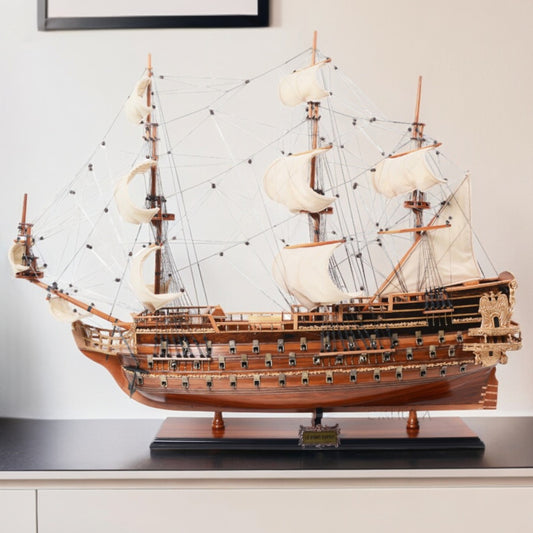 32" Wood Brown Solid Wood Hand Painted St. Espirit Model Boat-0