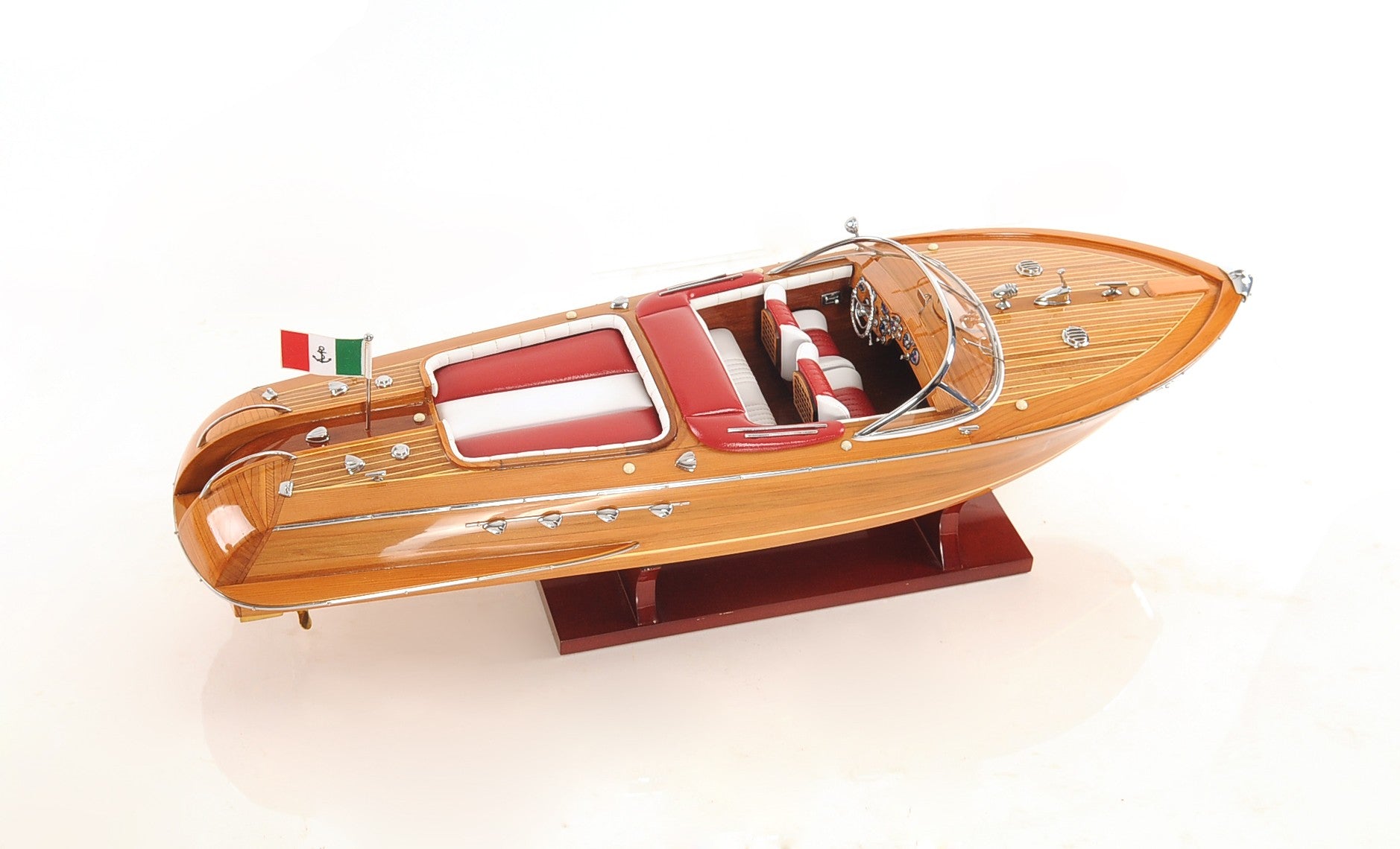 7" Wood Brown Solid Wood Hand Painted Riva Aqurama Medium Speedboat Model Boat-3