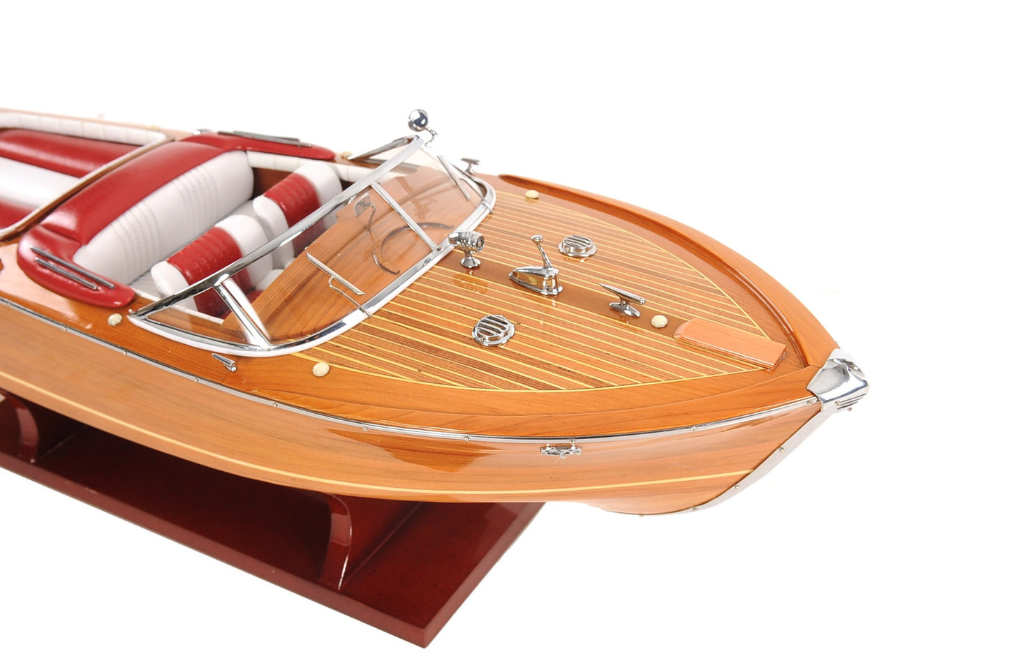 7" Wood Brown Solid Wood Hand Painted Riva Aqurama Medium Speedboat Model Boat-5
