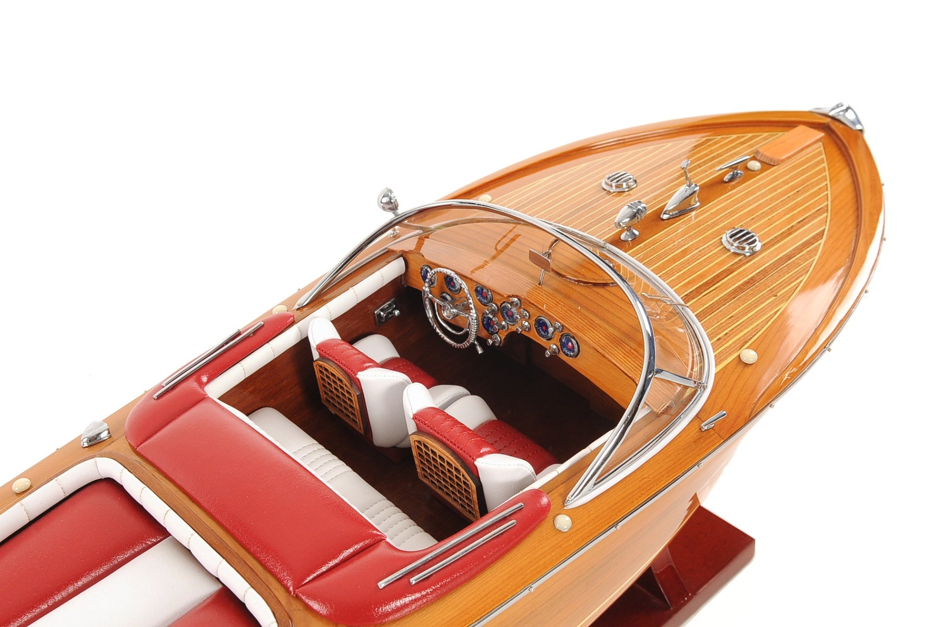 7" Wood Brown Solid Wood Hand Painted Riva Aqurama Medium Speedboat Model Boat-4