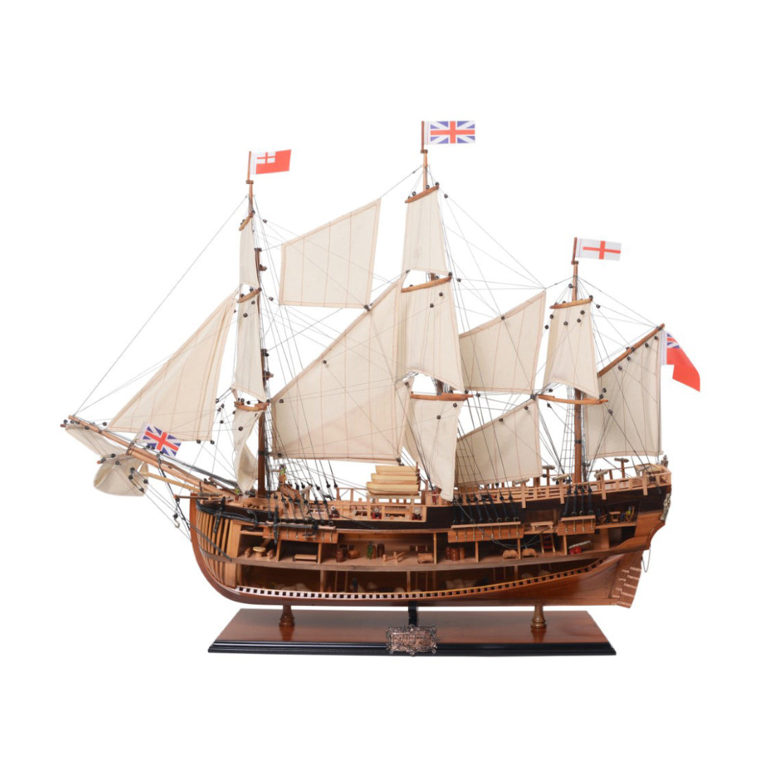 34" Wood Brown Solid Wood Hand Painted HMS Endeavour 1768 Open Hull Model Boat-1