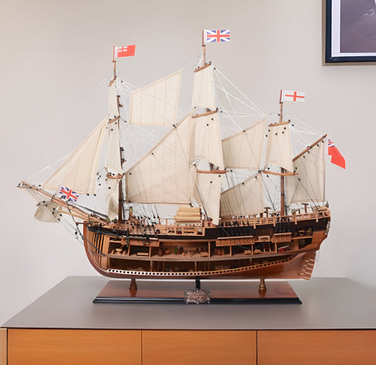 34" Wood Brown Solid Wood Hand Painted HMS Endeavour 1768 Open Hull Model Boat-0