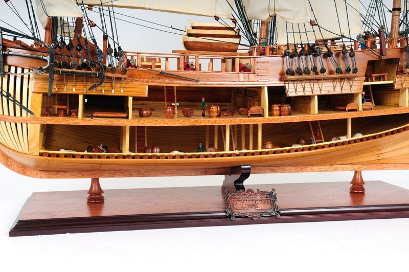 34" Wood Brown Solid Wood Hand Painted HMS Endeavour 1768 Open Hull Model Boat-2