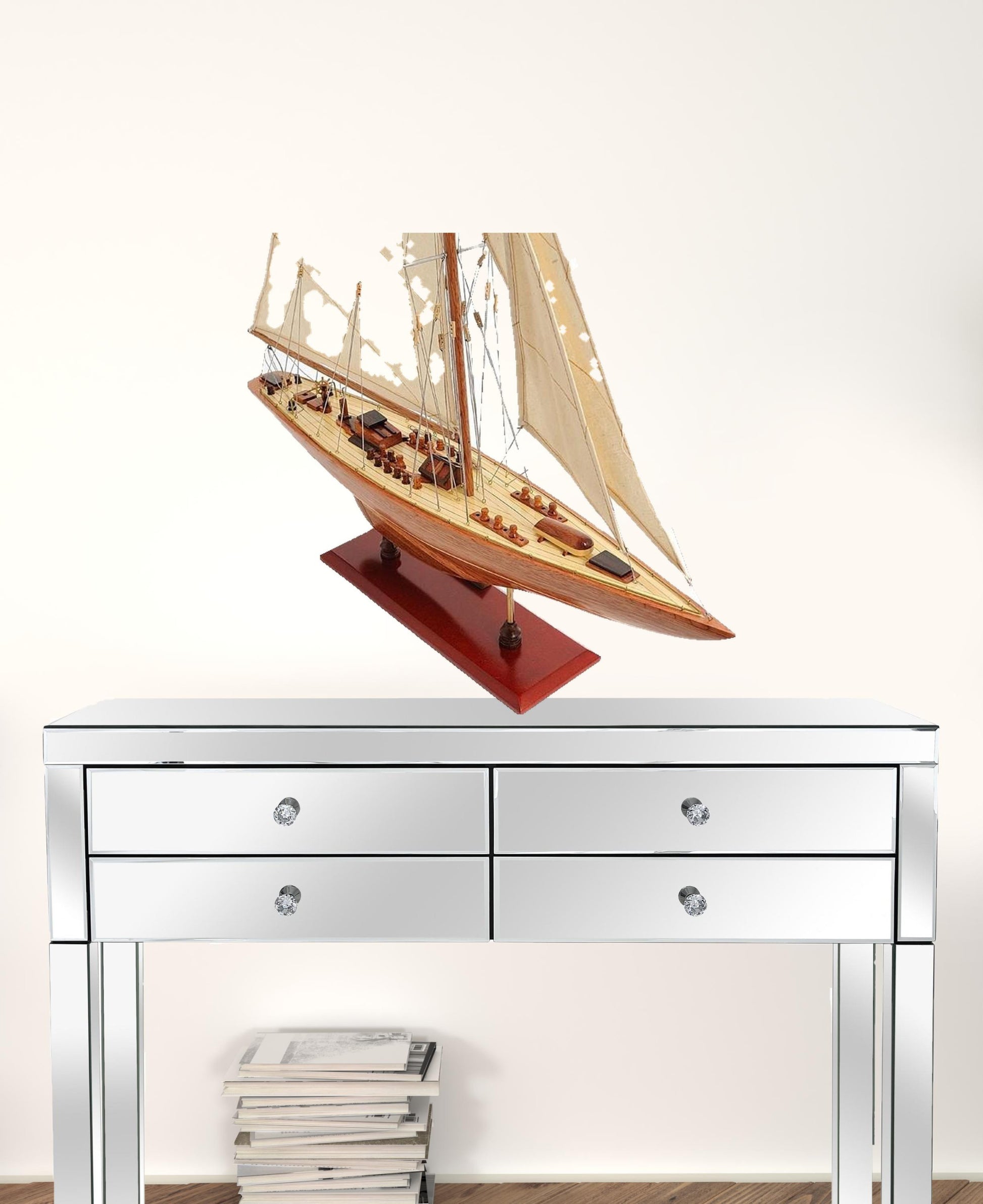 31" Wood Brown Endeavour Yacht Hand Painted Sculpture-1