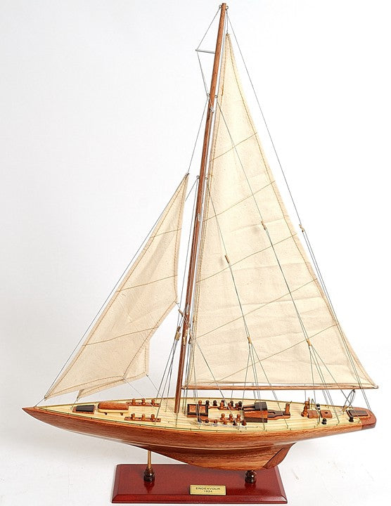 31" Wood Brown Endeavour Yacht Hand Painted Sculpture-3