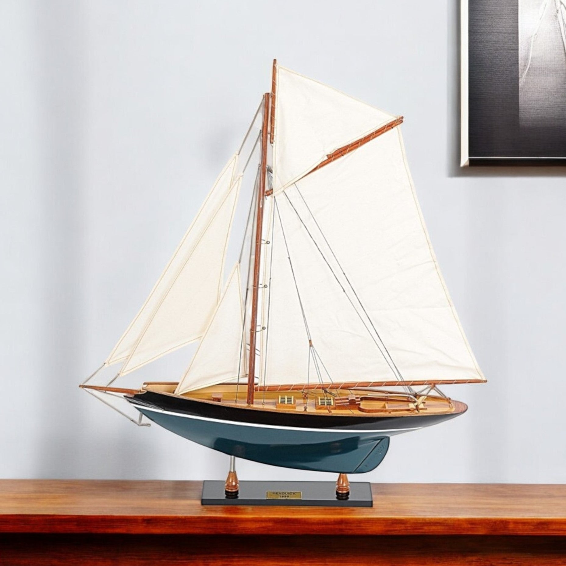31" Black Blue And White Solid Wood Pen Duick Hand Painted Model Sail Boat-1