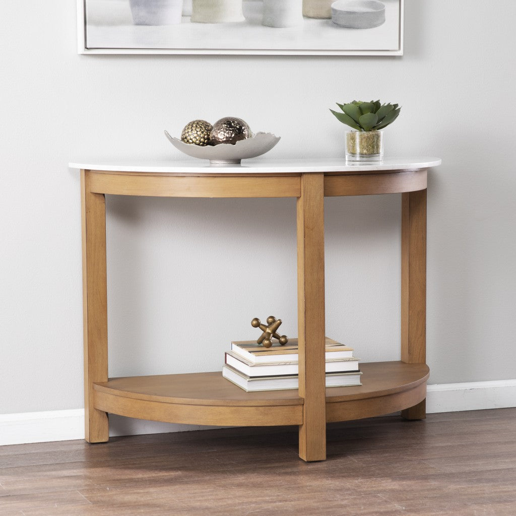 42" White and Natural Faux Marble Half Circle Three Leg Console Table With Shelves-8