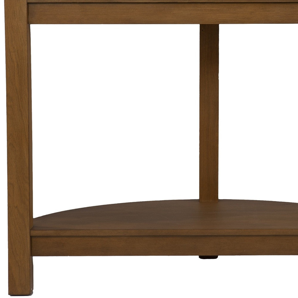 42" White and Natural Faux Marble Half Circle Three Leg Console Table With Shelves-7