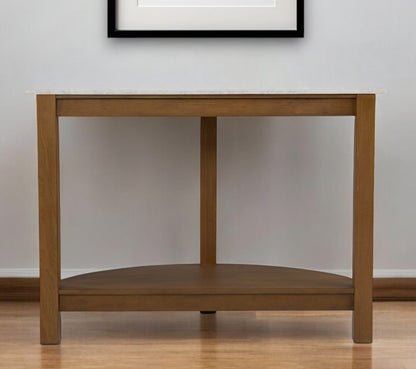 42" White and Natural Faux Marble Half Circle Three Leg Console Table With Shelves-0