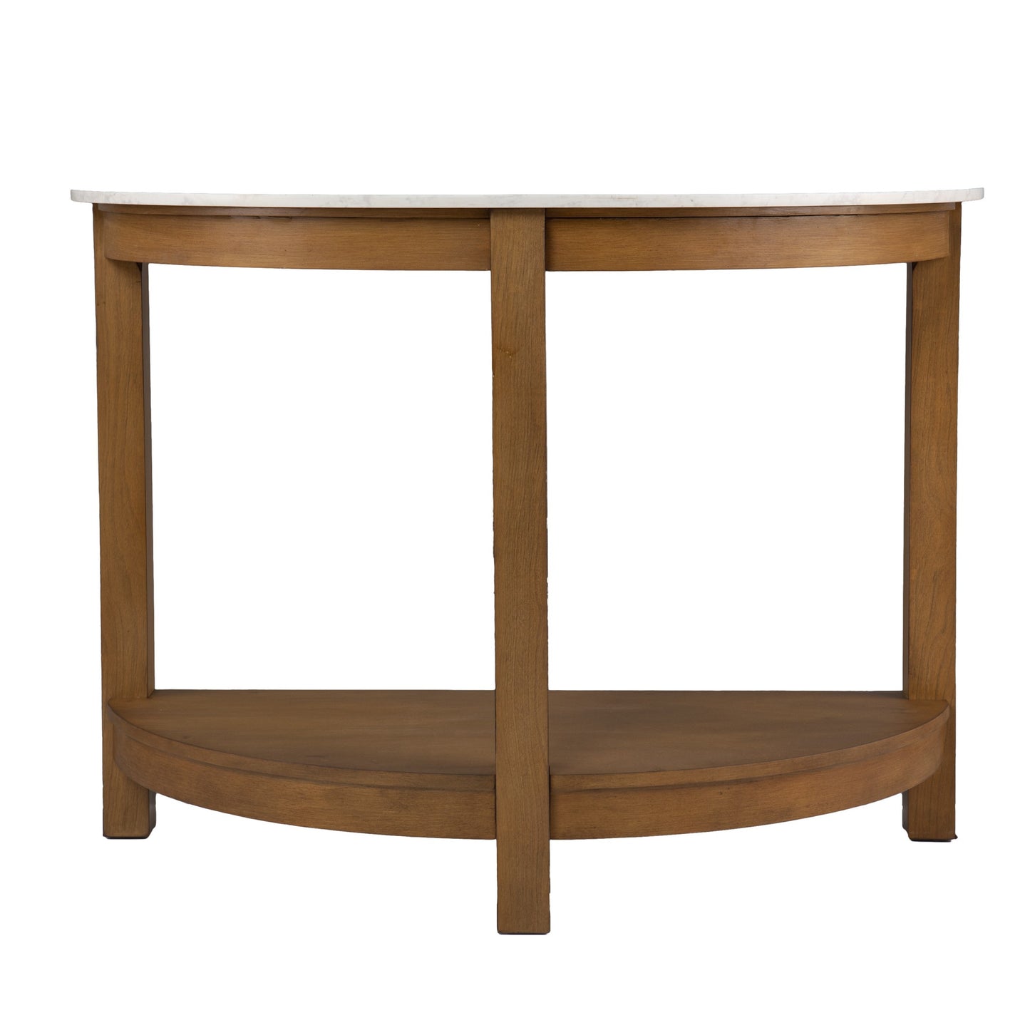 42" White and Natural Faux Marble Half Circle Three Leg Console Table With Shelves-3