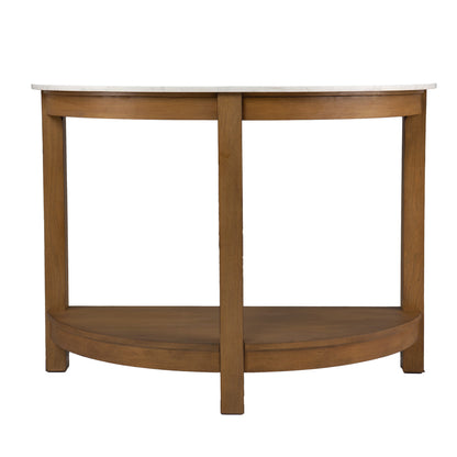42" White and Natural Faux Marble Half Circle Three Leg Console Table With Shelves-3
