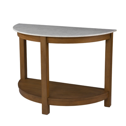 42" White and Natural Faux Marble Half Circle Three Leg Console Table With Shelves-2