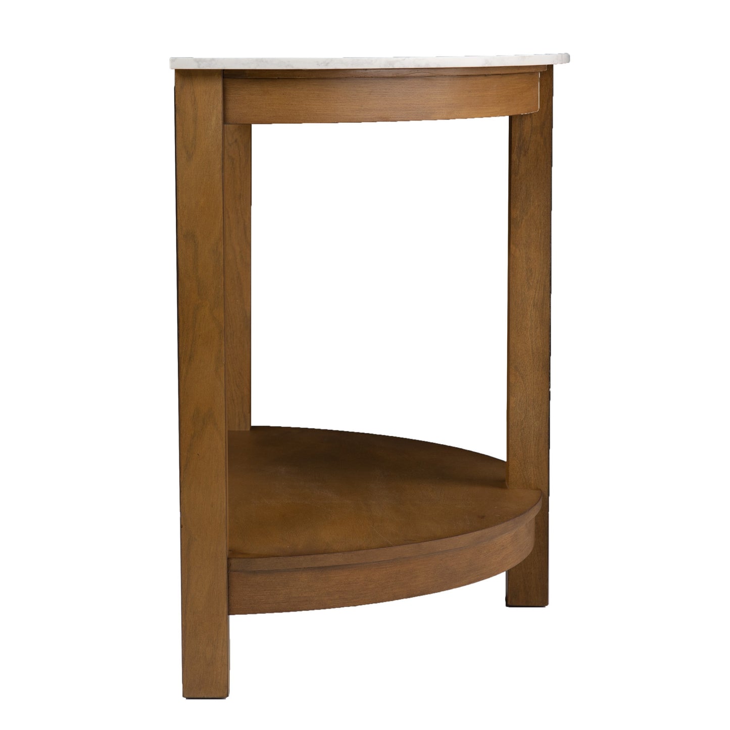 42" White and Natural Faux Marble Half Circle Three Leg Console Table With Shelves-4