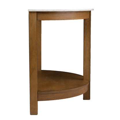42" White and Natural Faux Marble Half Circle Three Leg Console Table With Shelves-4