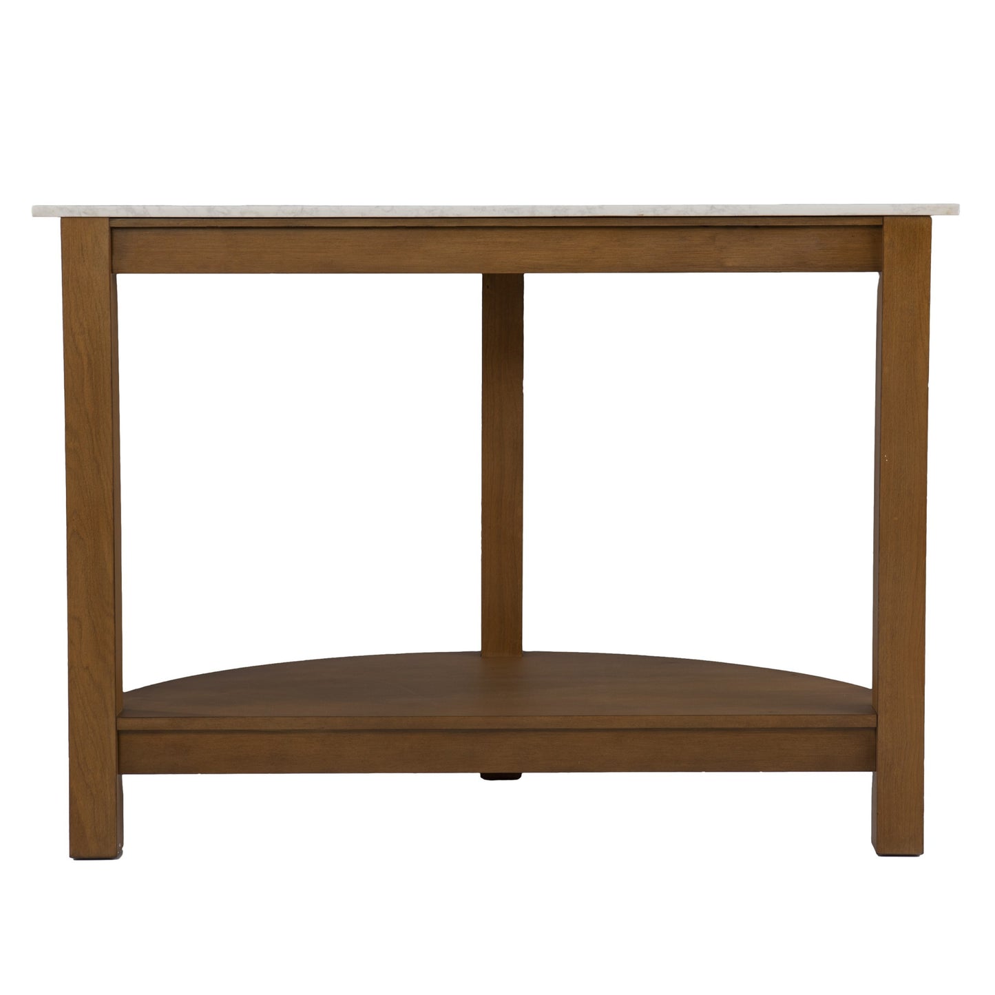 42" White and Natural Faux Marble Half Circle Three Leg Console Table With Shelves-1