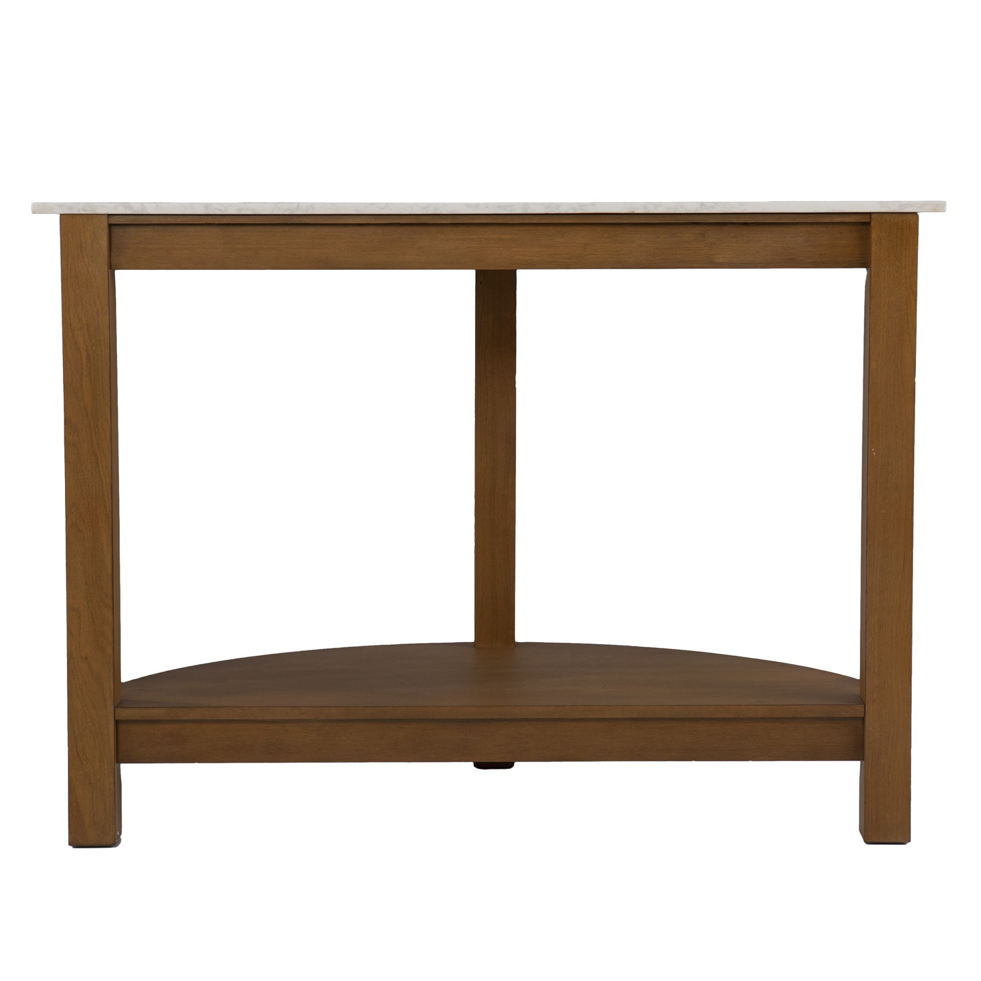42" White and Natural Faux Marble Half Circle Three Leg Console Table With Shelves-1
