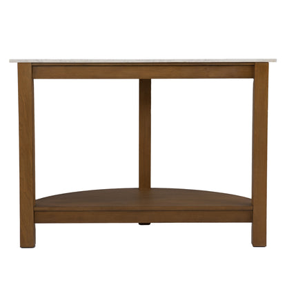 42" White and Natural Faux Marble Half Circle Three Leg Console Table With Shelves-1