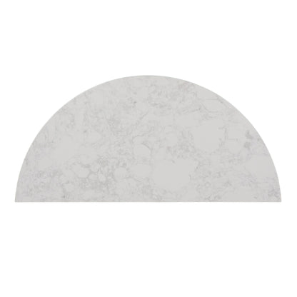 42" White and Natural Faux Marble Half Circle Three Leg Console Table With Shelves-5