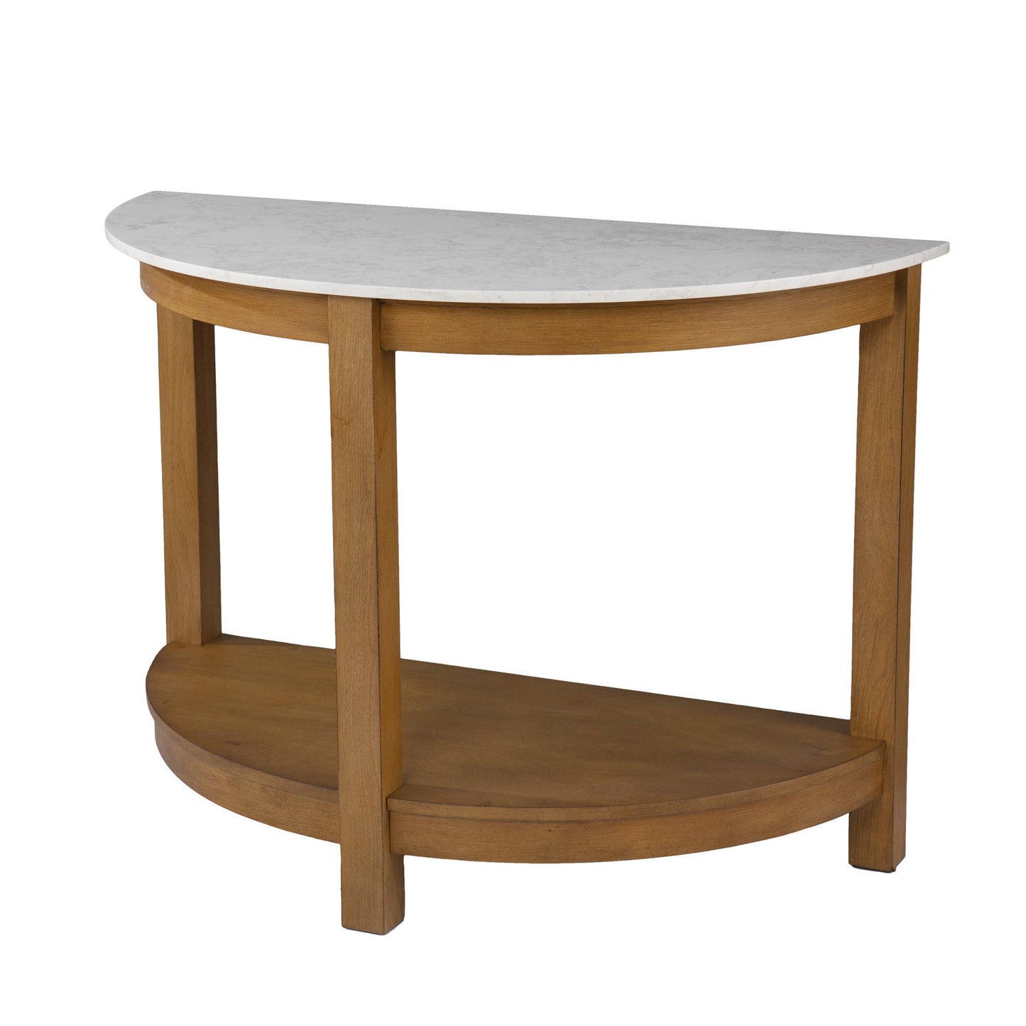 42" White and Natural Faux Marble Half Circle Three Leg Console Table With Shelves-6