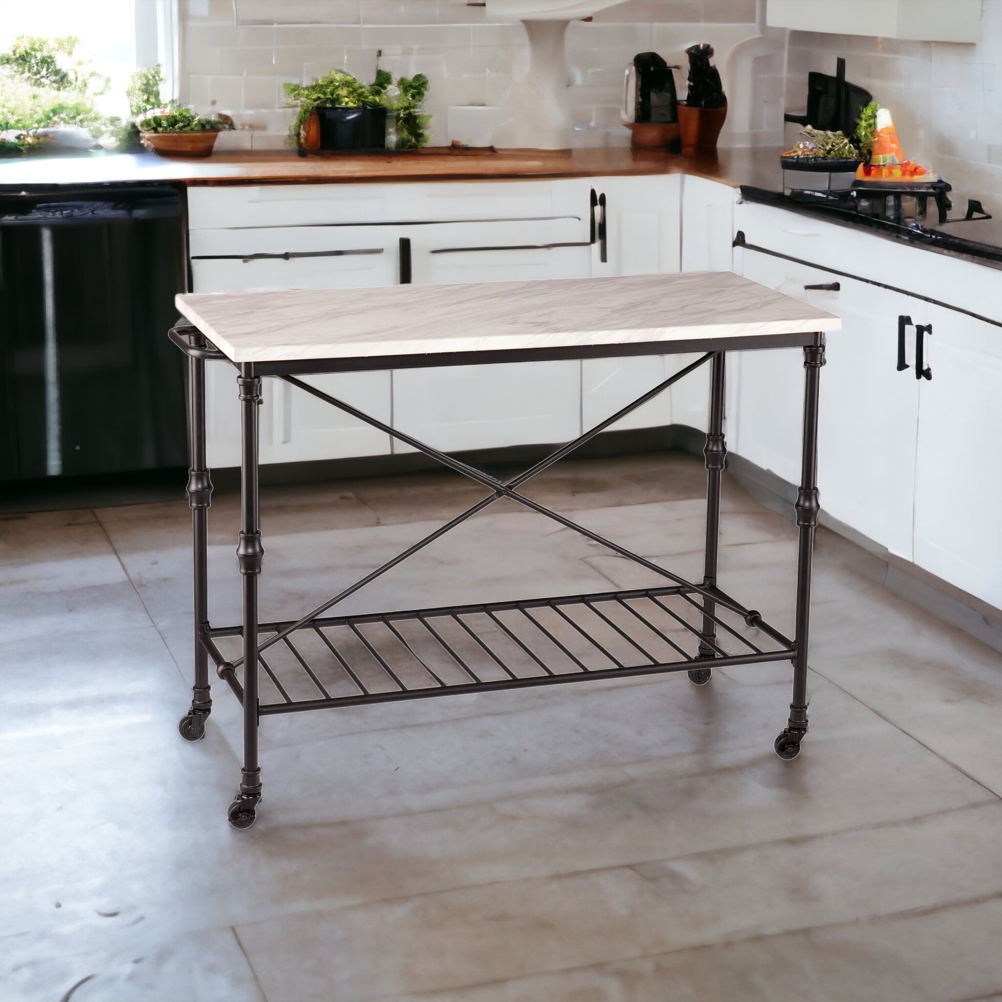 Black and White 49" Rolling Kitchen Island With Storage-1