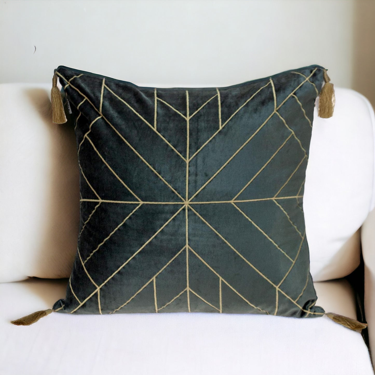 Charcoal and Gold Geo Velvet Throw Pillow with Gold Tassels-1