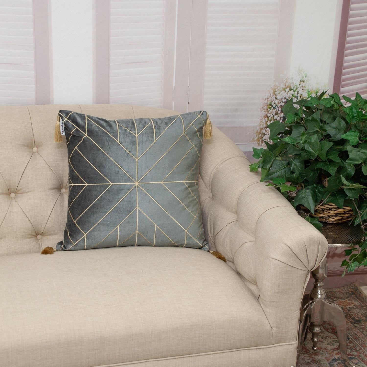 Charcoal and Gold Geo Velvet Throw Pillow with Gold Tassels-6