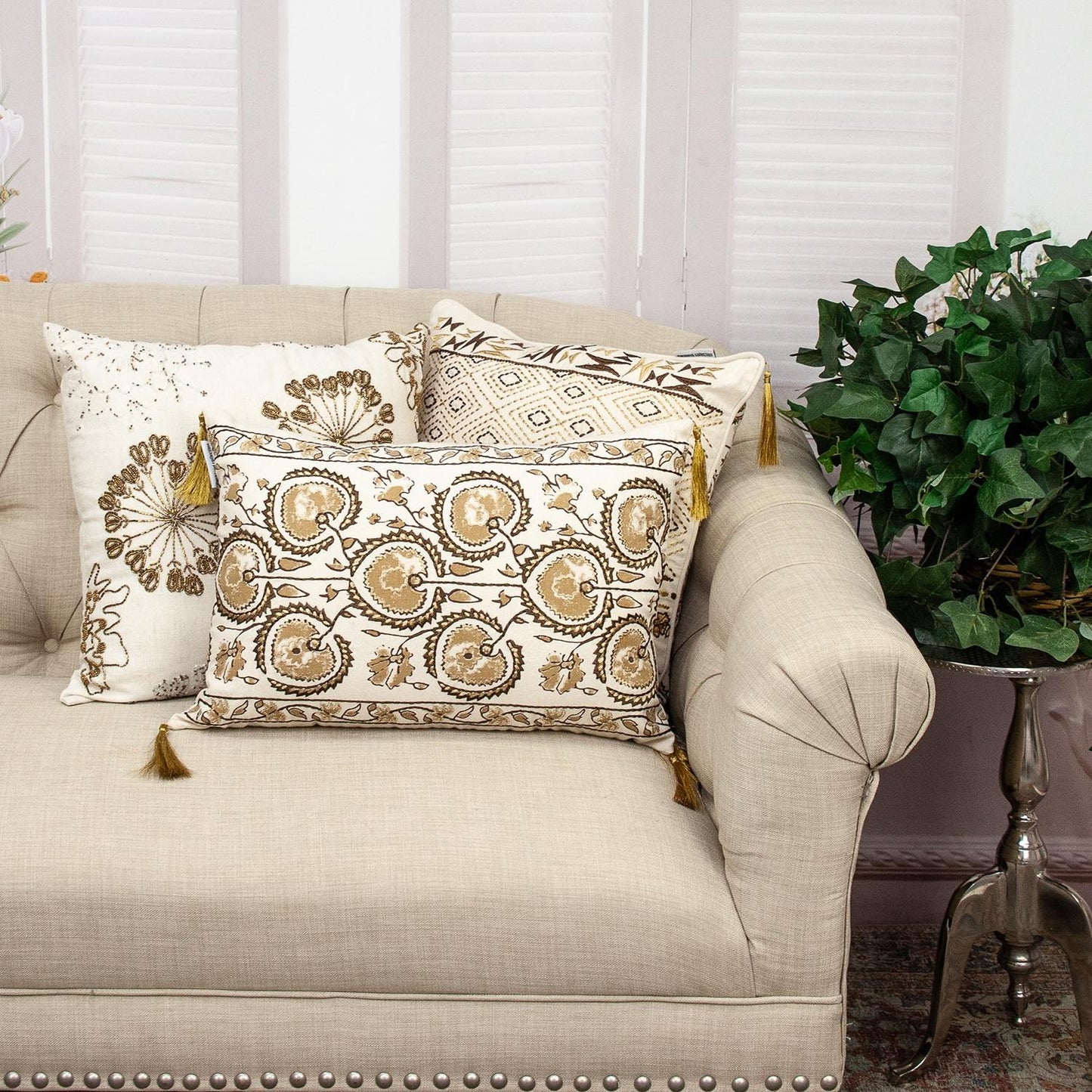 Gold and Bronze Embroidered Decorative Lumbar Pillow-6